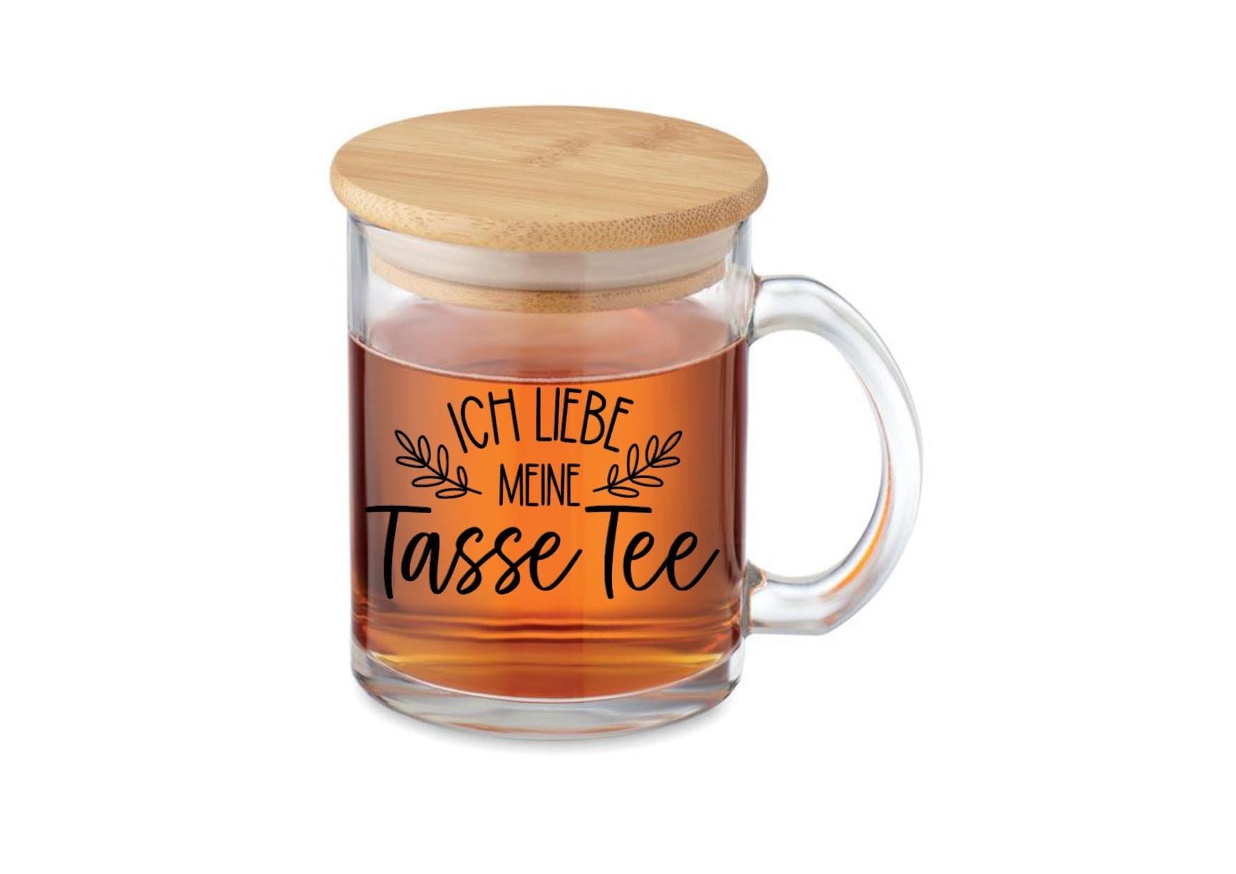 Teeglas, Teetasse mit Bambusdeckel, graviert, personalisiert, mit Namen auf Wunsch, Geschenk für Teetrinker, Art.-Nr. TG03