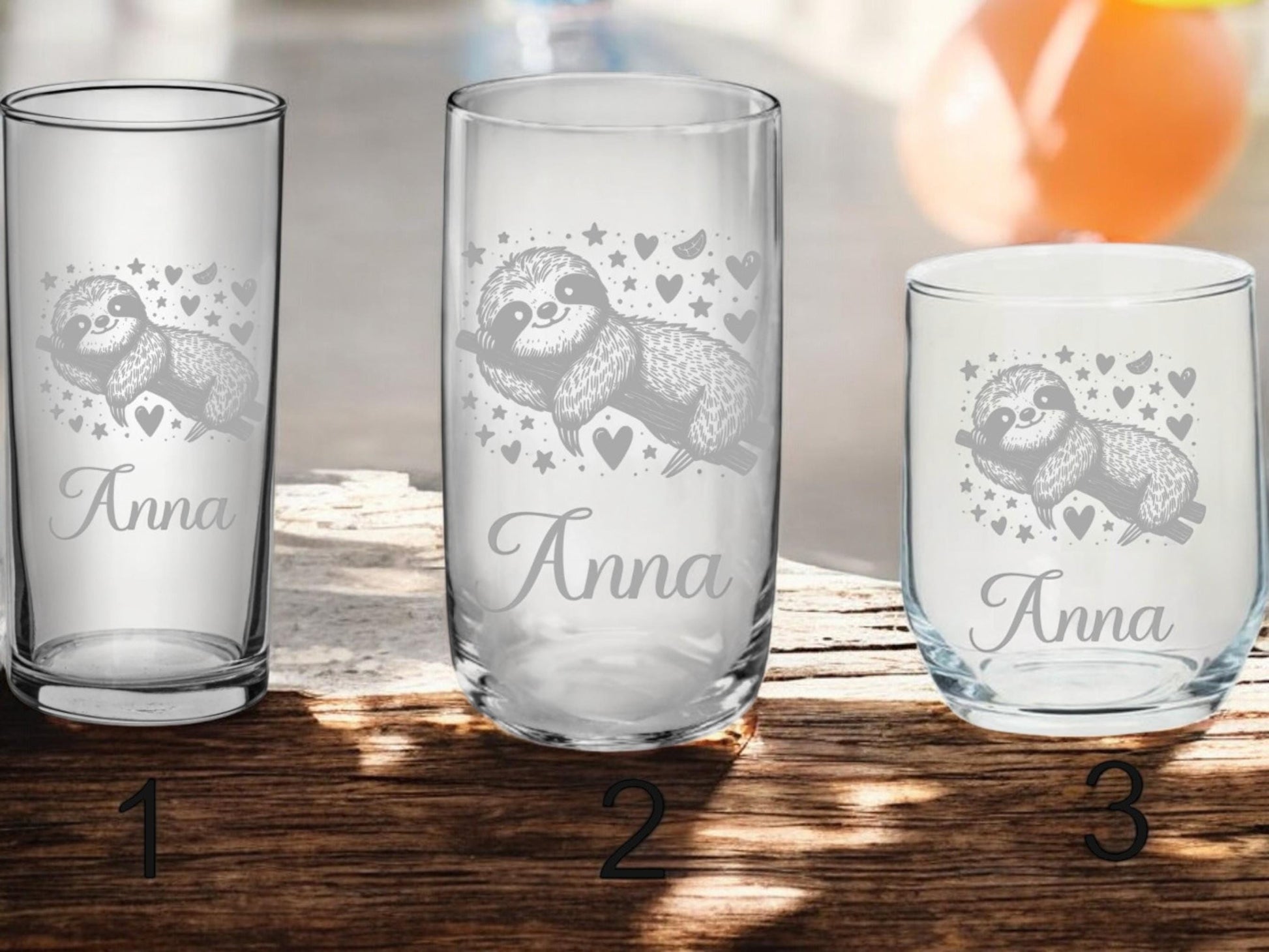 Einzigartiges, personalisiertes Kindertrinkglas, mit Faultier + Namen graviert, 3 versch. Glasformen, Geburtstagsgeschenk, Art.Nr.F1
