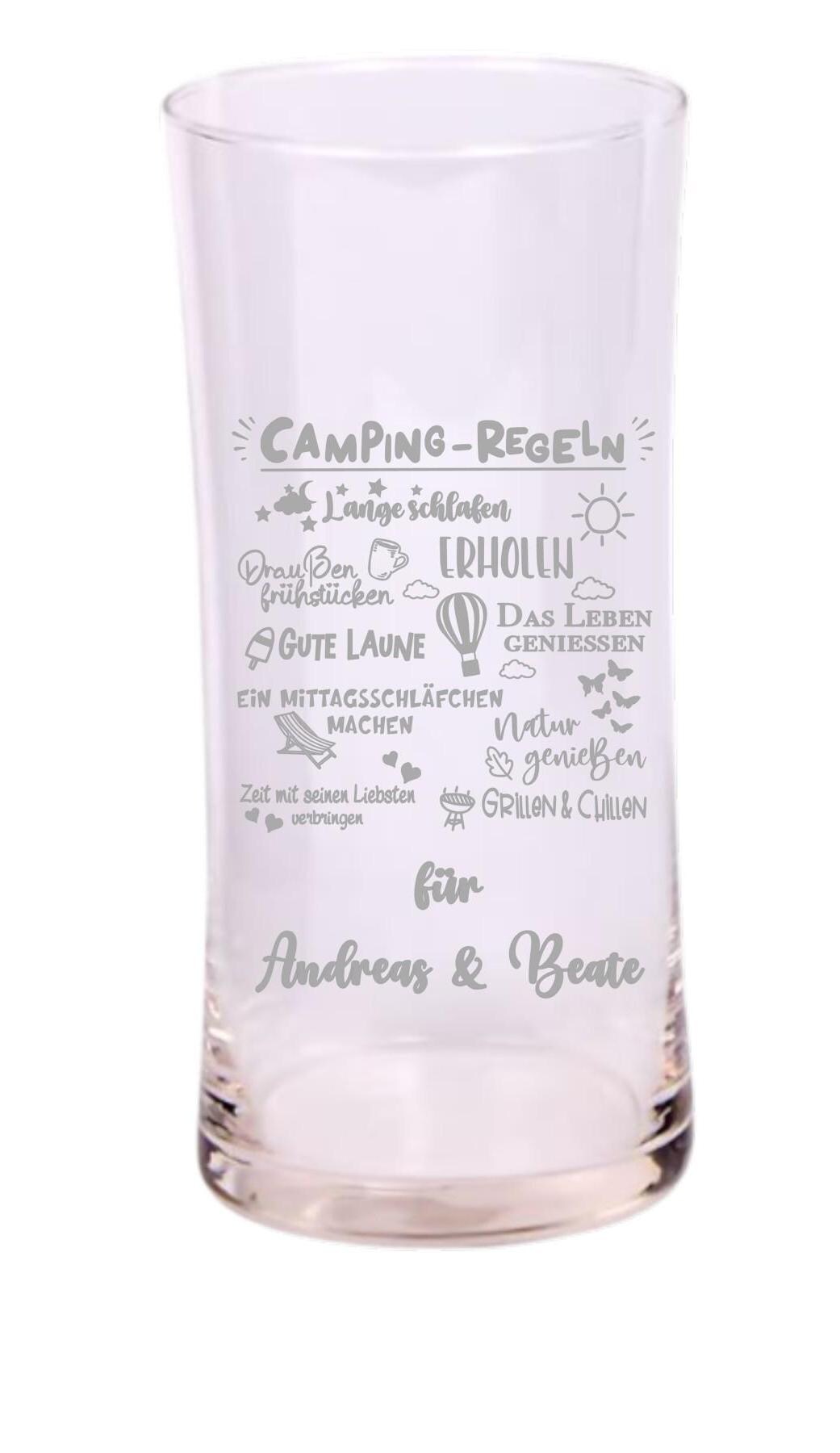 Großes Trinkglas mit Camping Regeln, Namensgravur, Geschenk für Camper, graviert, spülmaschinenfest, für Cocktails, Smoothies, Wasser, Saft