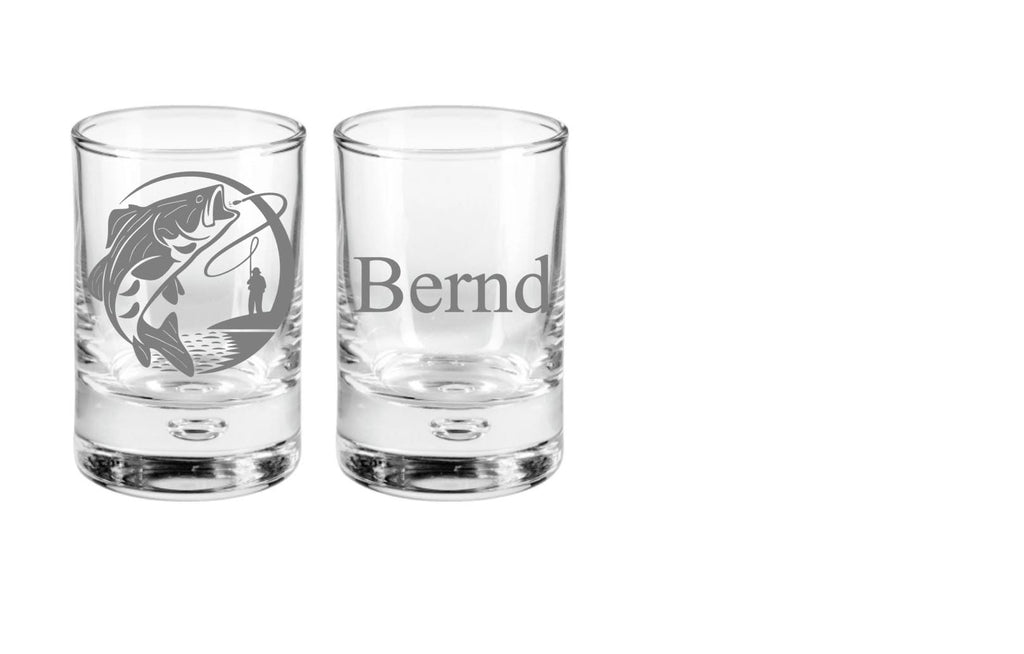 Bierglas oder Schnapsglas mit Anglermotiv + Namen, graviert, Geschenk personalisiert, für Angler, Fisch und Angel, auch in Set, Art.-Nr.AG1
