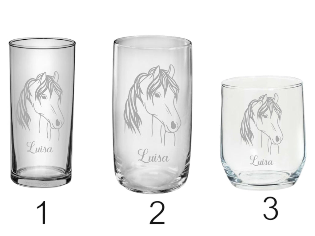 Pferde Kinder Trinkglas mit Gravur, personalisiert mit Namen oder Wunschtext, 3 versch. Glasformen,  Geschenk für Pferdefreunde, Art.Nr.P1