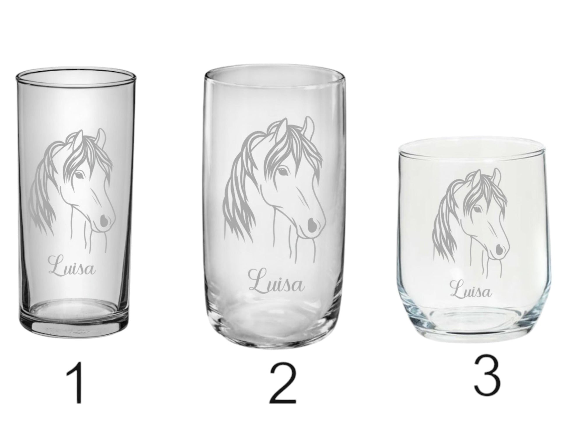 Pferde Kinder Trinkglas mit Gravur, personalisiert mit Namen oder Wunschtext, 3 versch. Glasformen,  Geschenk für Pferdefreunde, Art.Nr.P1