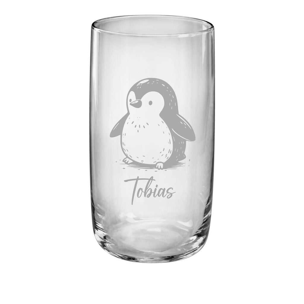 Einzigartiges, personalisiertes Kindertrinkglas, mit Pinguin und Namen graviert, handlich für kleine Kinderhände, versch. Glas-Farben-Formen