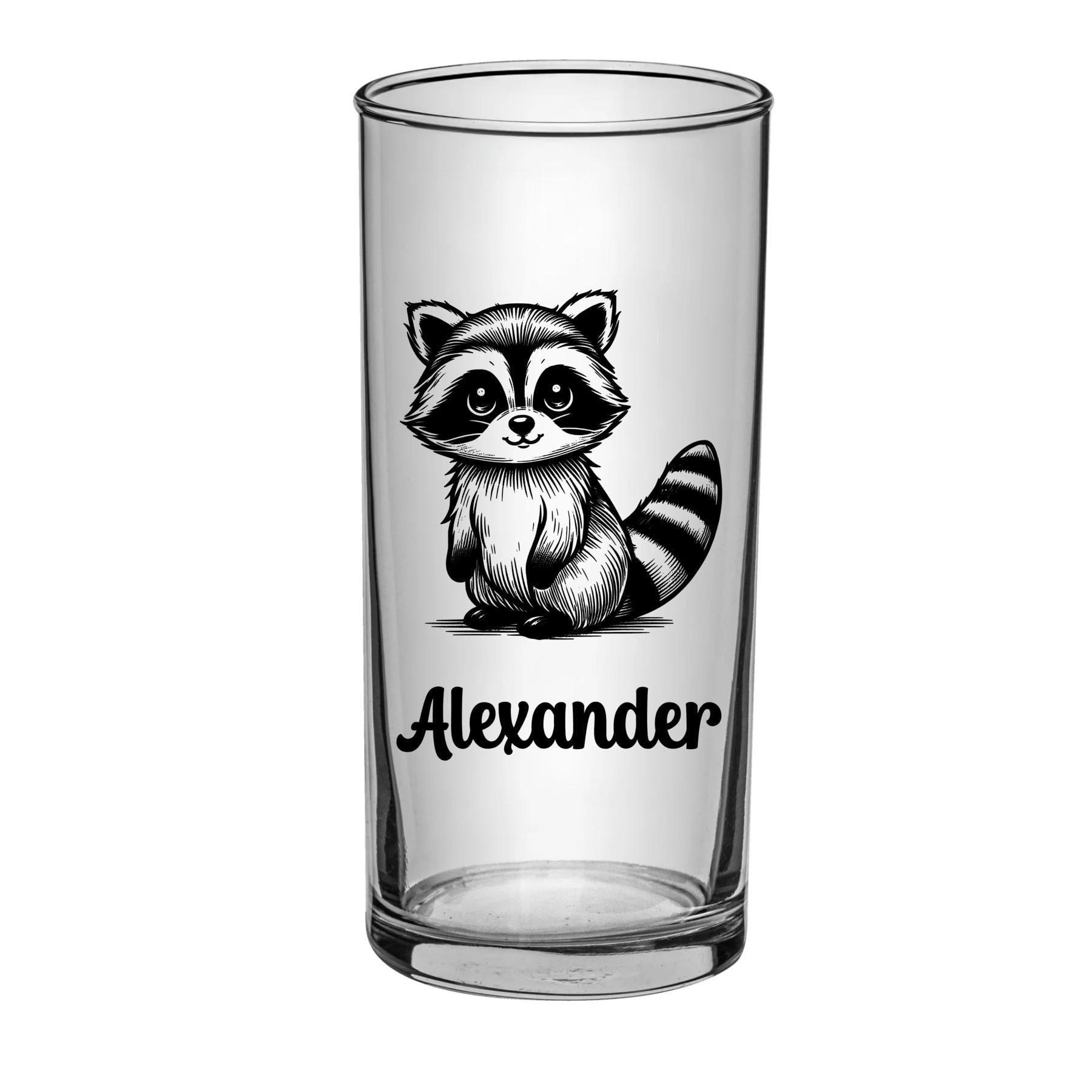 Einzigartiges, personalisiertes Kindertrinkglas, mit Waschbär + Namen graviert, 3 versch. Glasformen, Geburtstagsgeschenk, Art.Nr. TG-W1