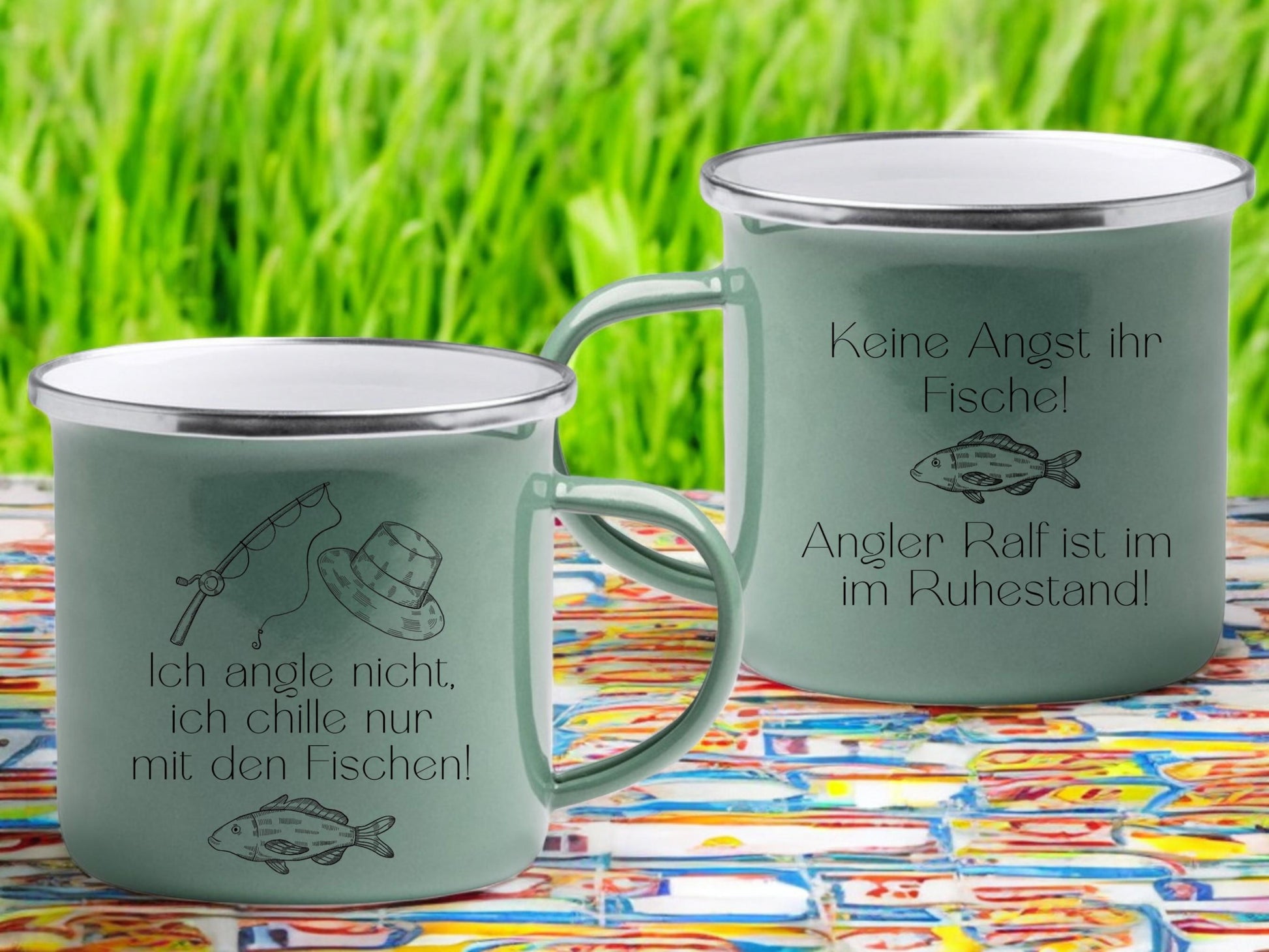 Emaille Becher Angler Spruch, Geschenk für Angler, personalisiert mit Namen  Art.-Nr. KER-0104_2