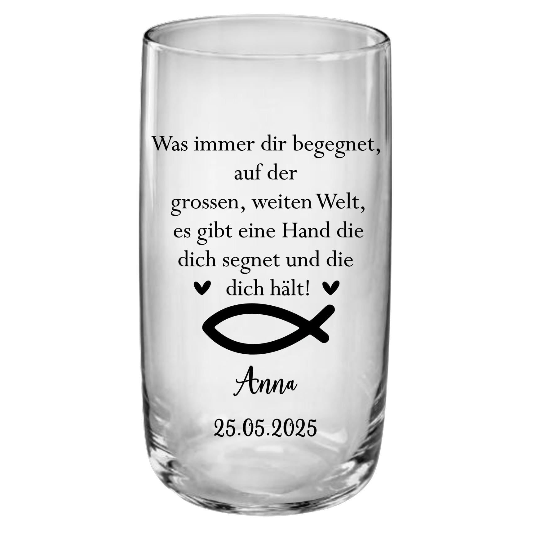 Trinkglas Kommunion, Konfirmation, Taufe, Geschenk Geburt, für Jungen und Mädchen, Erinnerungsgeschenk, graviert, personalisiert, mit Namen