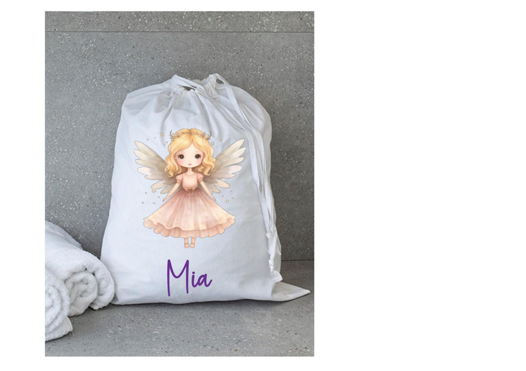 Personalisierter Wäschebeutel für den Kindergarten, Fee Motive auf 2 Seiten, mit Namen personalisiert, Zuziehbeutel, waschbar, Geschenk