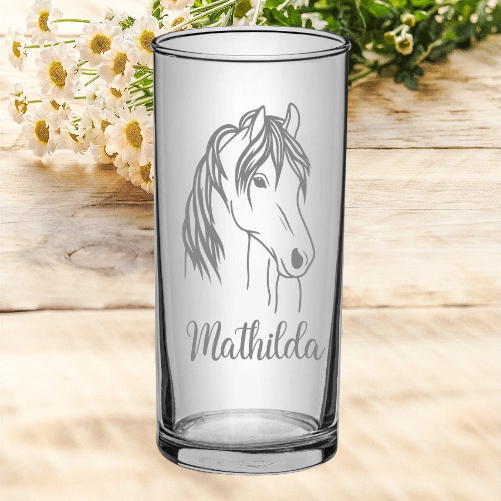 Pferde Kinder Trinkglas mit Gravur, personalisiert mit Namen oder Wunschtext, 3 versch. Glasformen,  Geschenk für Pferdefreunde, Art.Nr.P1