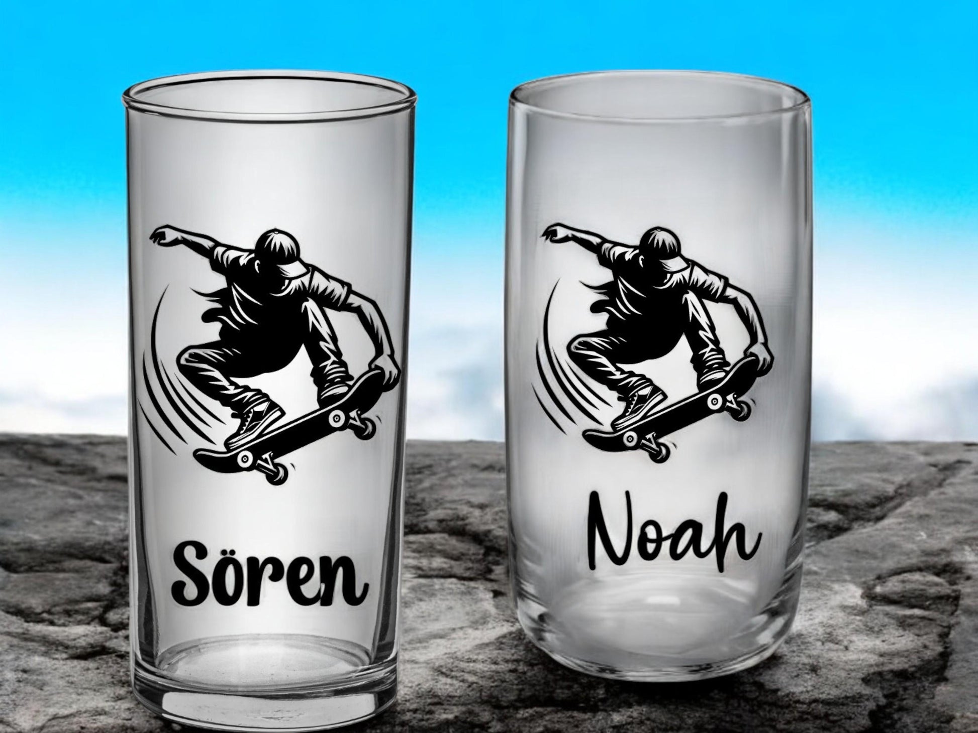 Individuelles Skater-Trinkglas – Graviert mit Wunschnamen o. Vereinslogo! versch. Schrift, Geschenk für Jungen - Skater,  Art.-Nr. SG01