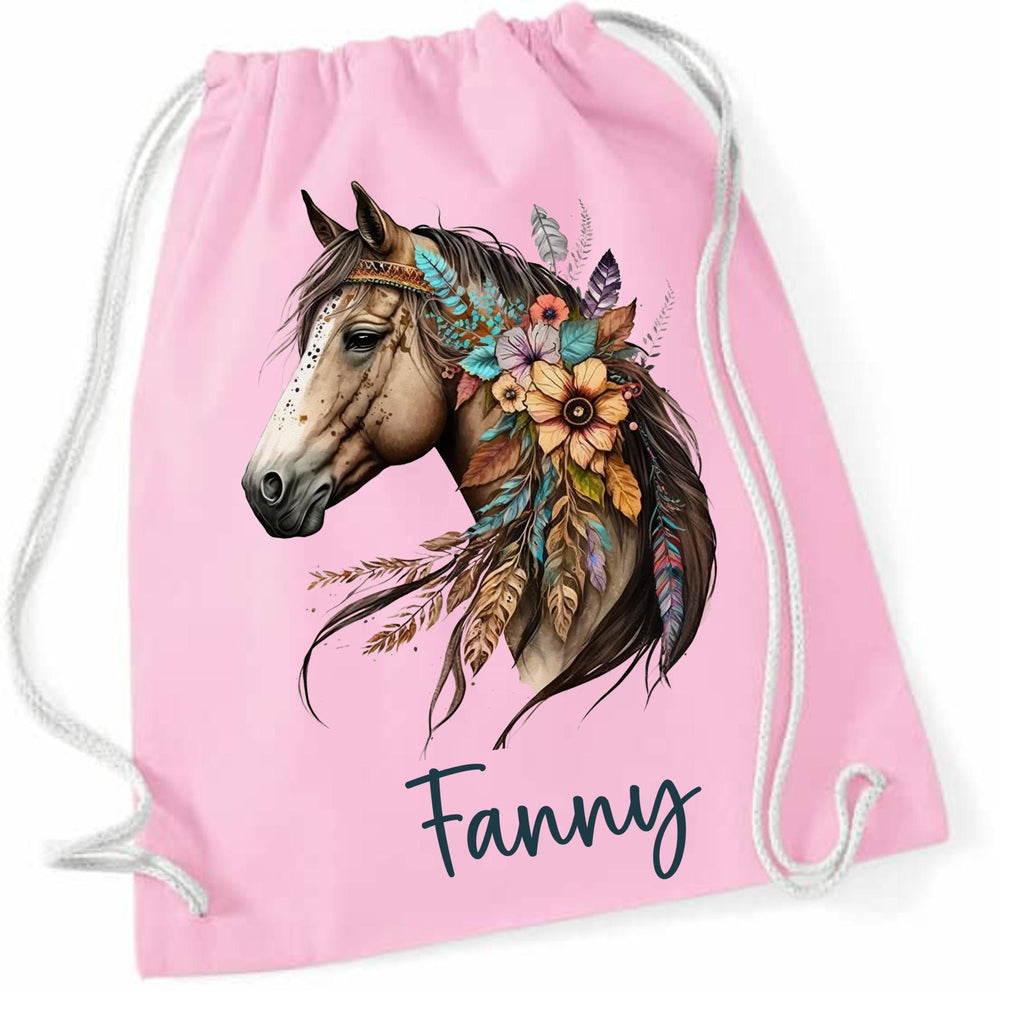 Turnbeutel Pferd mit Namen personalisiert, viele Farben und Schriftarten, Geschenk für Schule, Kindergarten & Freizeit, Zugschnur, Rucksack