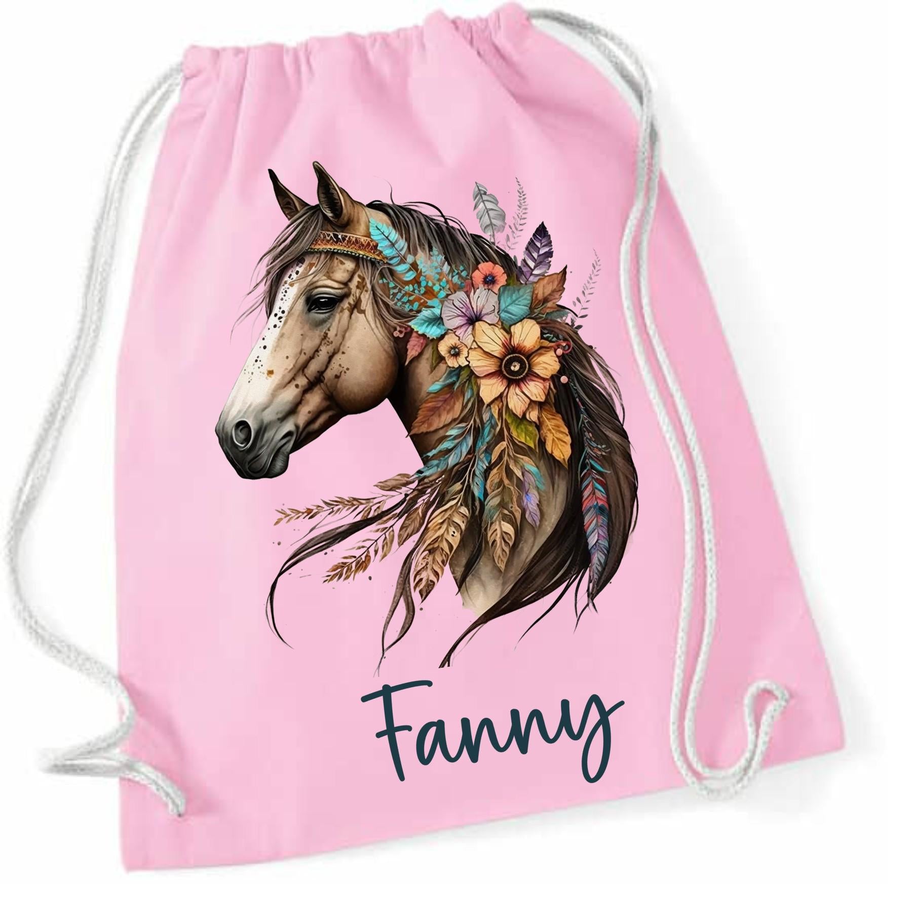 Turnbeutel Pferd mit Namen personalisiert, viele Farben und Schriftarten, Geschenk für Schule, Kindergarten & Freizeit, Zugschnur, Rucksack