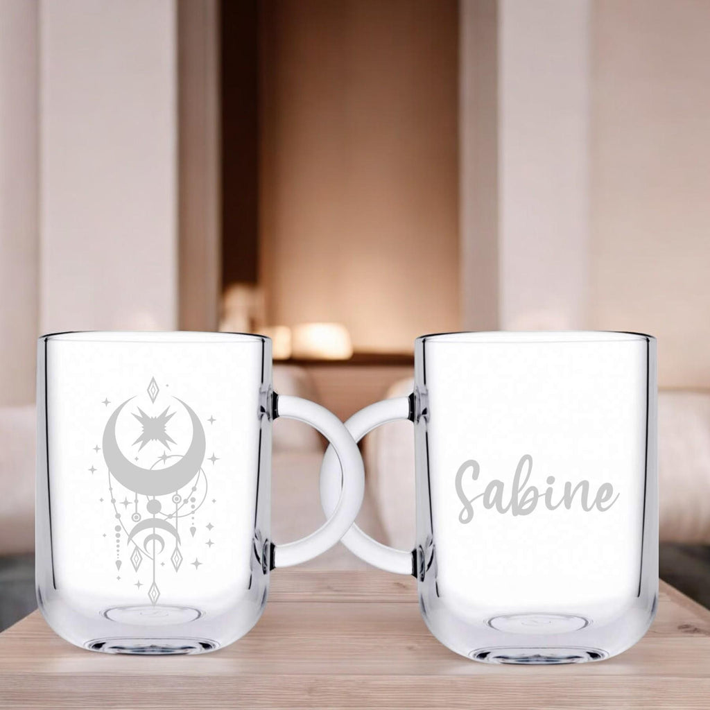Graviertes Teeglas, personalisiert mit deinem Wunschnamen, spülmaschinenfest, Geschenk, mit mystischer Gravur, Geschenk für einen Teetrinker