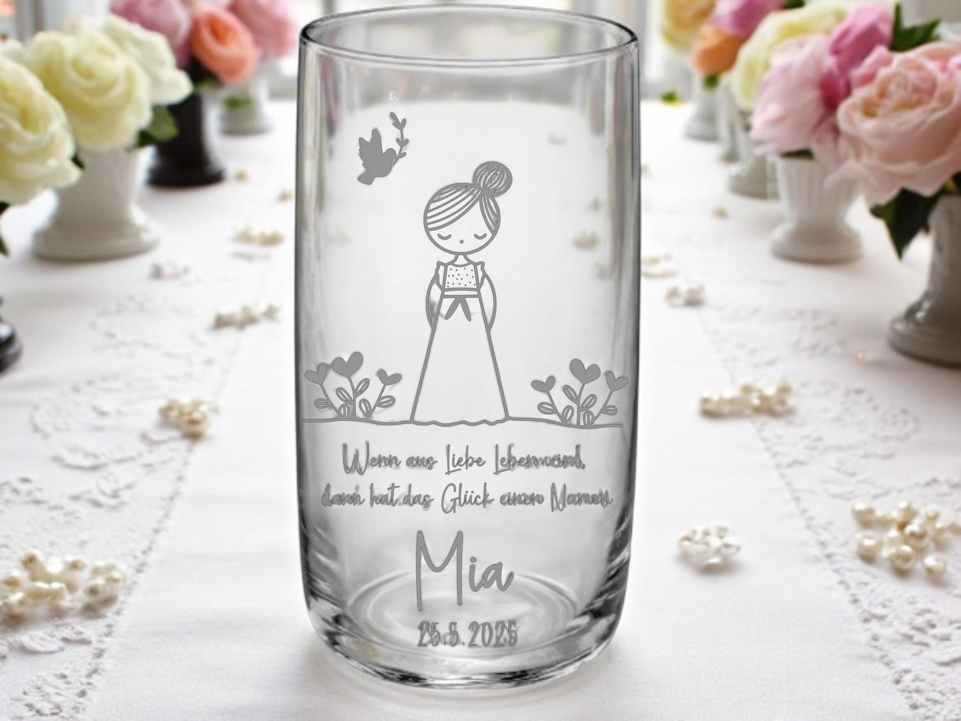 Trinkglas Kommunion, Konfirmation, Taufe, Geschenk Geburt, für Jungen und Mädchen, Erinnerungsgeschenk, graviert, personalisiert, mit Namen