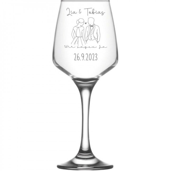 Weinglas oder Sektglas mit Namen und Datum personalisiert, Geschenk für die Hochzeit, das Brautpaar oder als Gastgeschenk