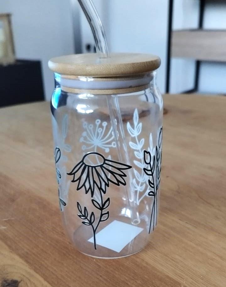 Trinkbecher mit Bambusdeckel und Glasstrohalm, Blumenmuster, To Go Becher, 350 ml, Becher mit Deckel, mit/ohne Personalisierung