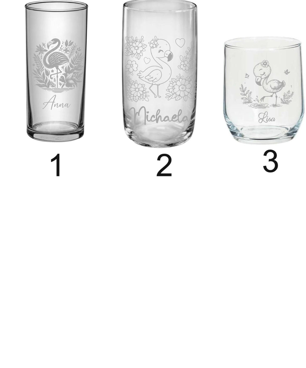 Flamingo Kinder Trinkglas mit Gravur, personalisiert mit Namen oder Wunschtext, 3 versch. Glasformen,  Geschenk für Flamingofans, Art.Nr.F1
