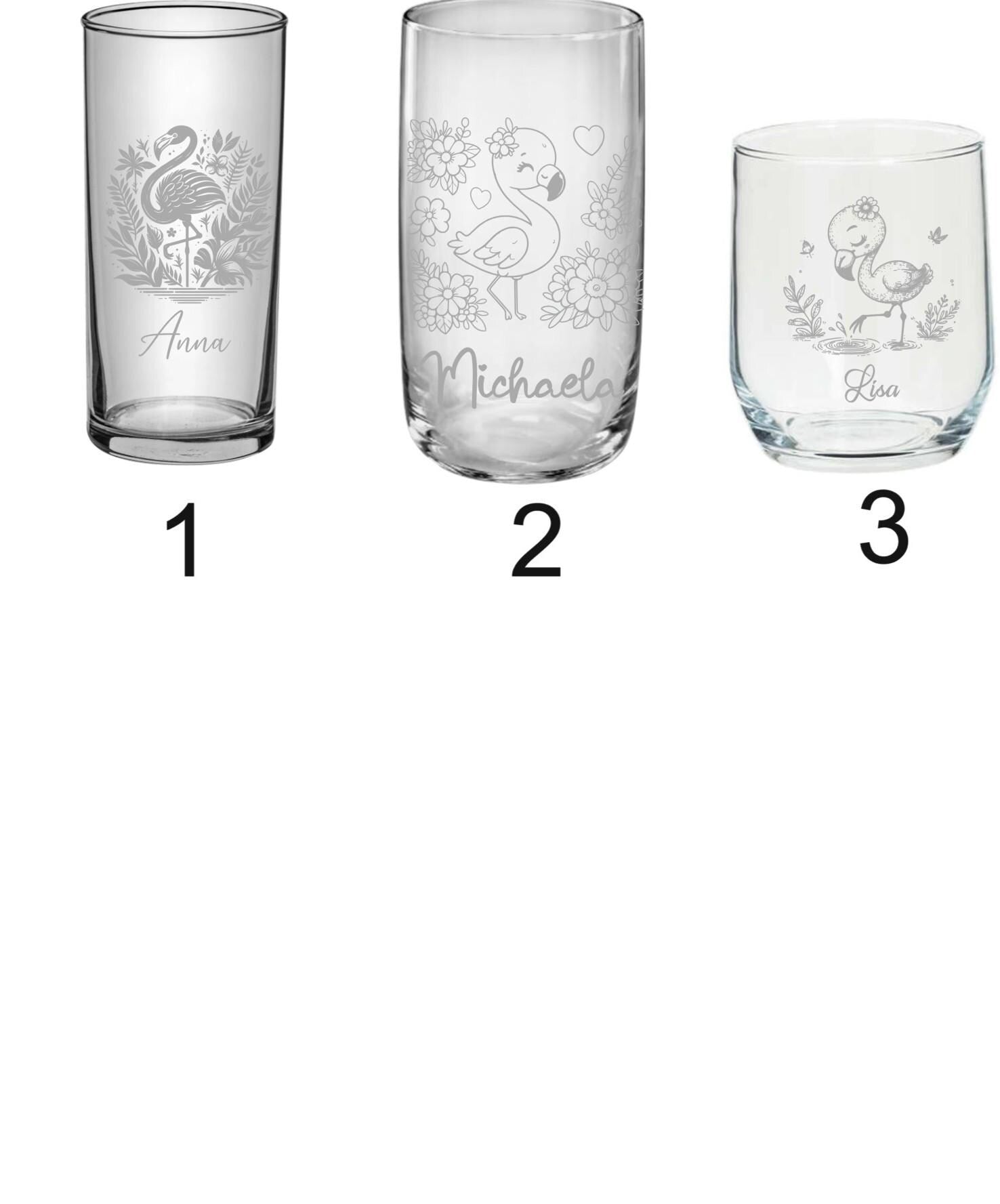 Flamingo Kinder Trinkglas mit Gravur, personalisiert mit Namen oder Wunschtext, 3 versch. Glasformen,  Geschenk für Flamingofans, Art.Nr.F1