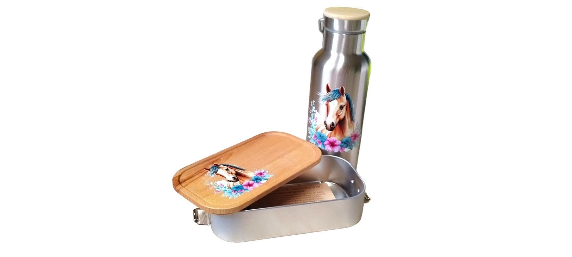 Lunchbox, Trinkflasche einzeln oder als Set, mit Namen personalisiert, Pferdemotiv, Geschenk für den Schulanfang, Kindergarten, für Kinder