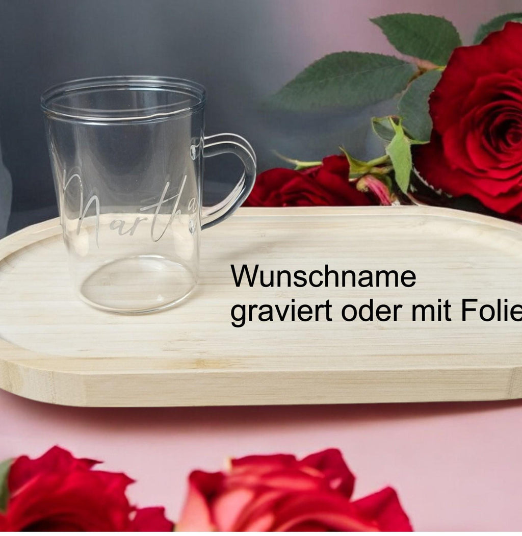 Bambus Tablett mit Teeglas, mit Namen personalisiert, Geschenk für die Freundin, auch einzeln, Art.-Nr. T1