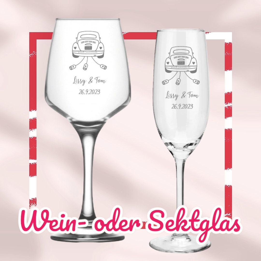 Weinglas oder Sektglas mit Namen und Datum personalisiert, Geschenk für die Hochzeit, das Brautpaar oder als Gastgeschenk