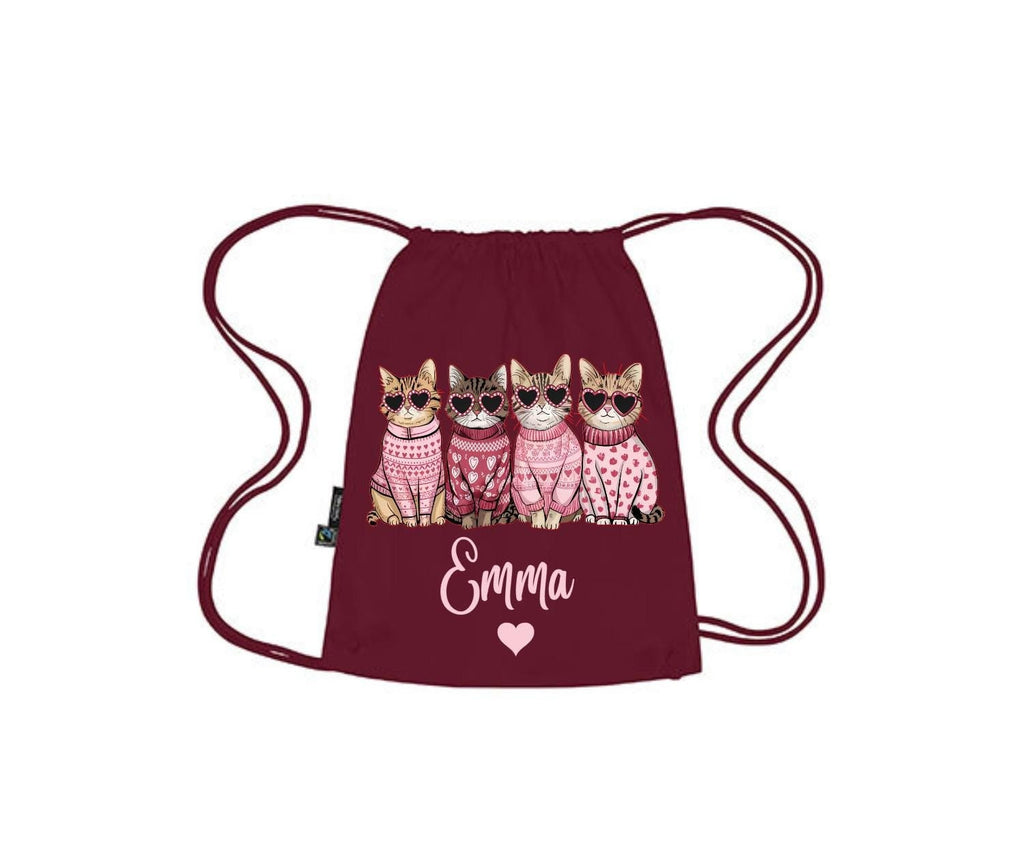 Premium Turnbeutel mit Katzenmotiv und Namen, personalisiert, waschbar, robust + stabil, Baumwolle, Geschenk KIGA, Schule, Art.-Nr. TB1
