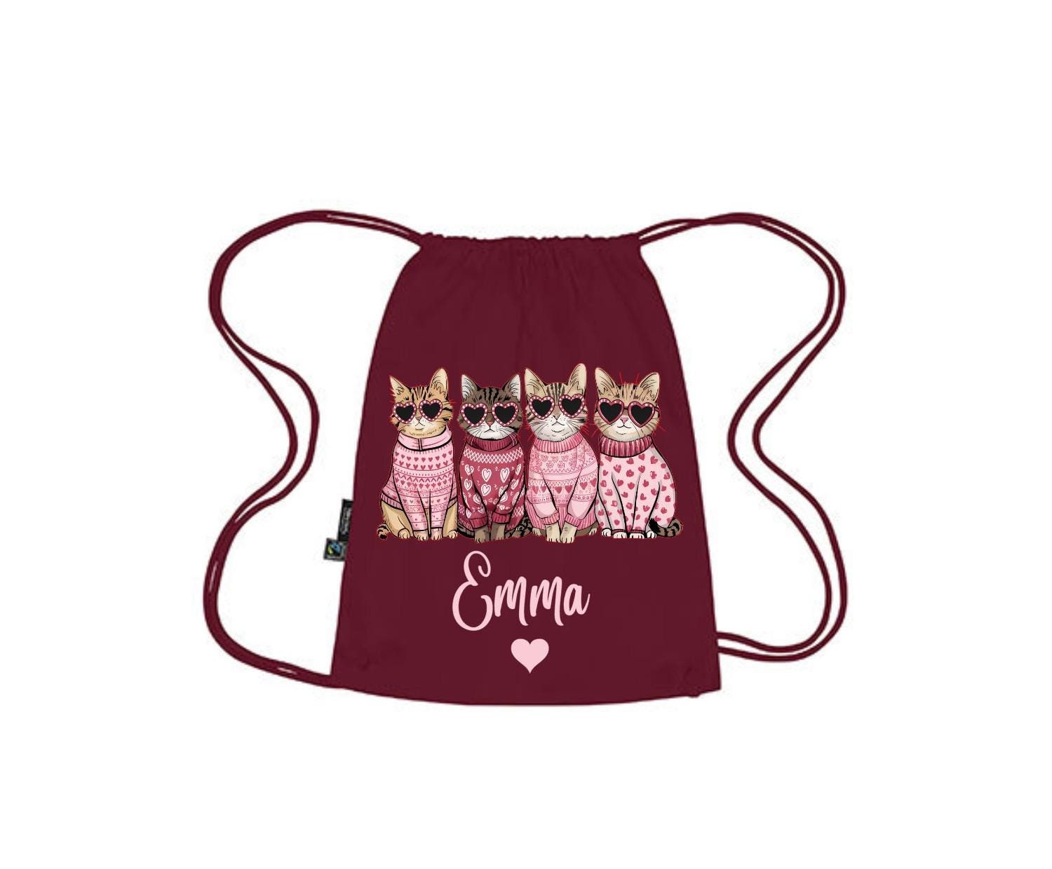 Premium Turnbeutel mit Katzenmotiv und Namen, personalisiert, waschbar, robust + stabil, Baumwolle, Geschenk KIGA, Schule, Art.-Nr. TB1