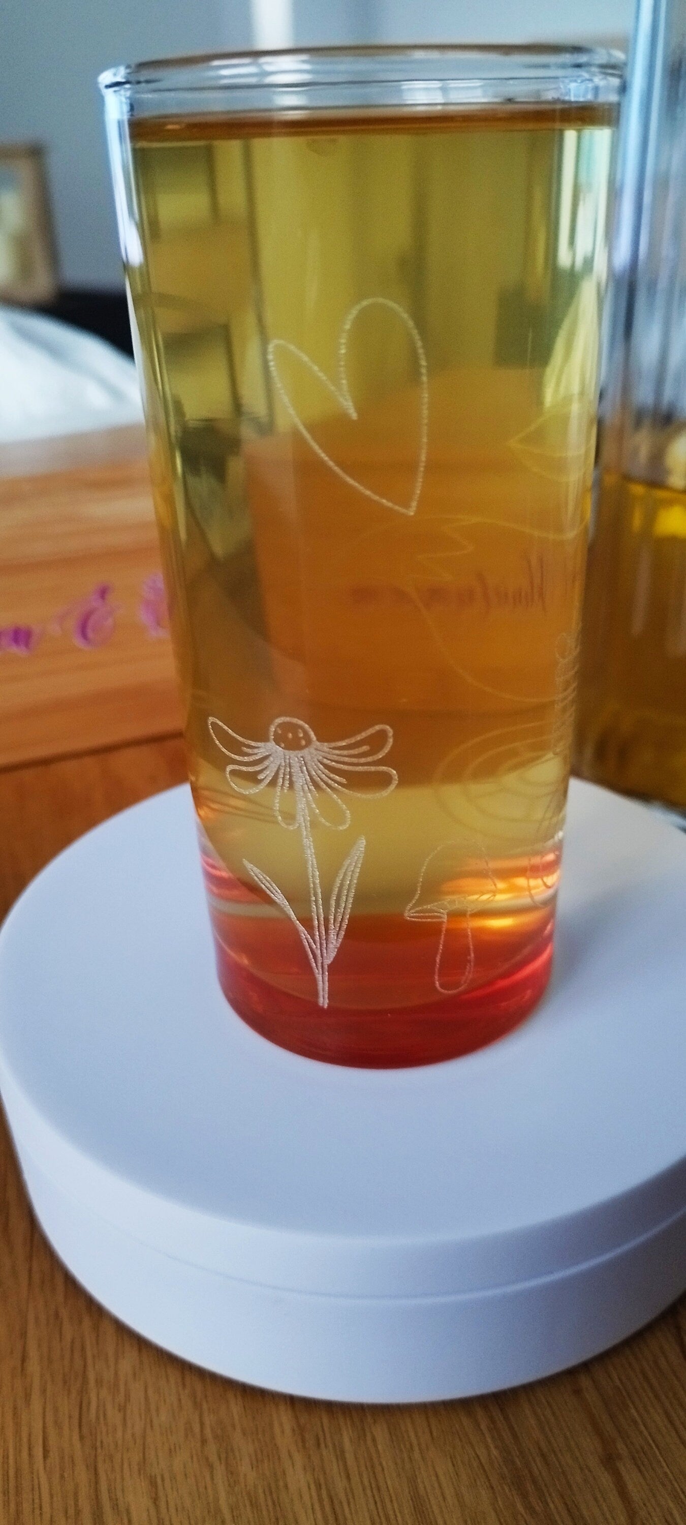 Kinder Trinkglas, Fuchs, rundum Gravur mit Namen personalisiert, Glasboden farbig, Geschenk