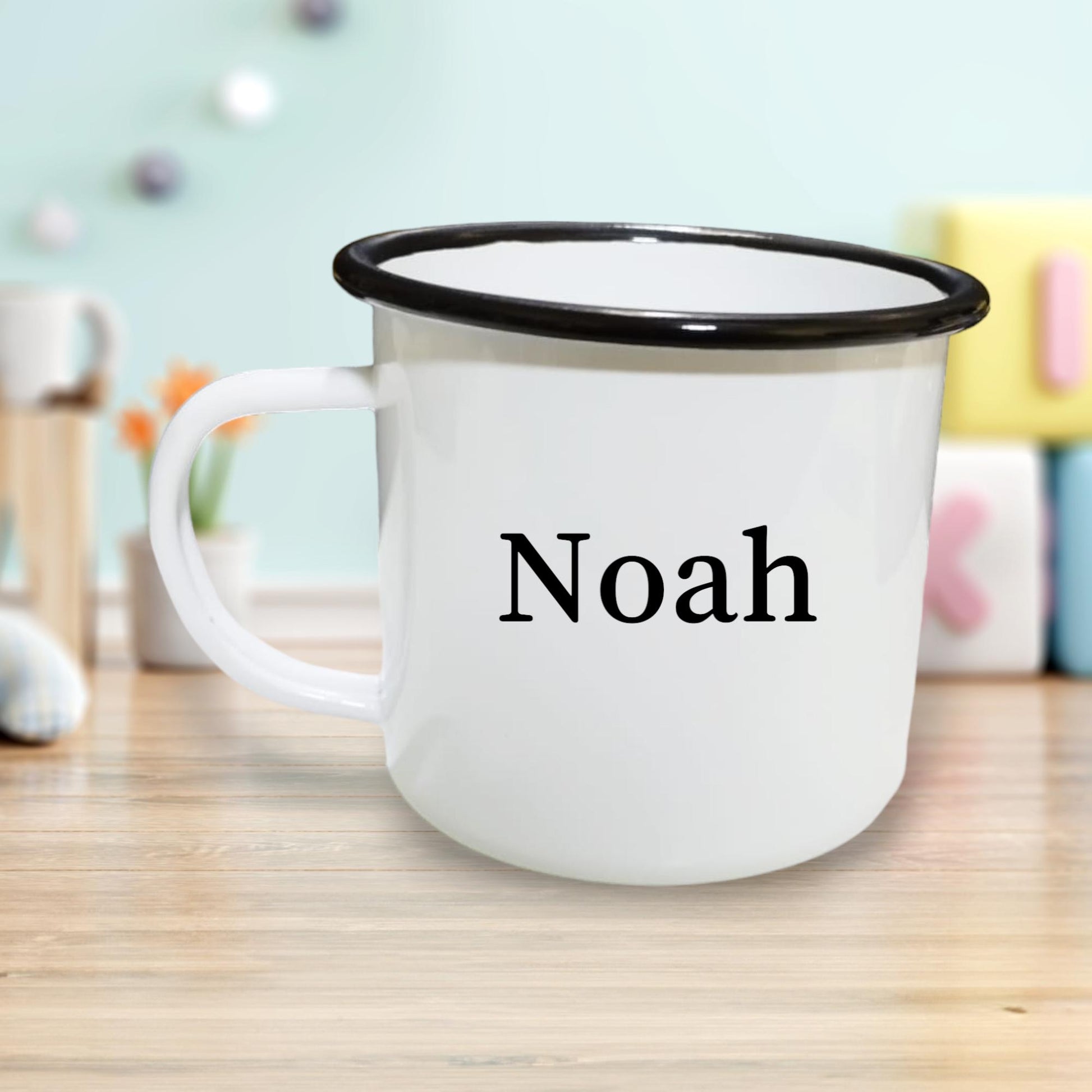 Emaille Tasse mit Pinguin und deinen Wunschnamen, personalisiert, für Kinder, 12 OZ, Geschenk für Weihnachten, Geburtstag usw.